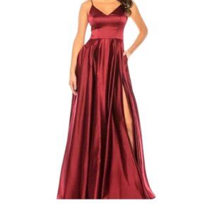 B Darlin Red Satin V-Neck Gown Slit & Pockets, A-line, size 5